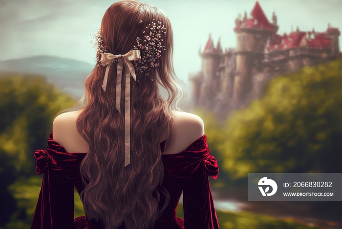 illustration of beautiful woman wearing hair braid with bow and flower with nature and ancient castle as background