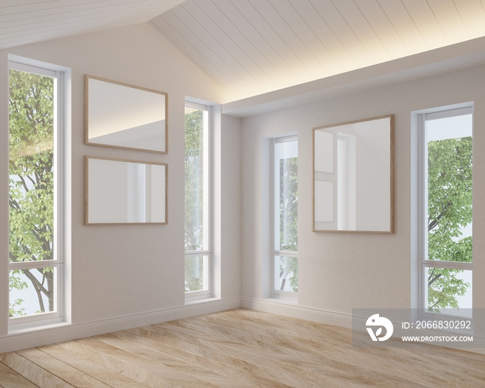 Empty room white tone and mock up picture frames interior home.3d rendering