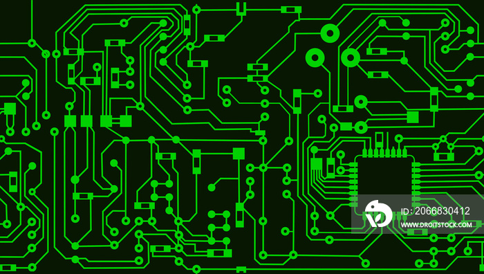 Seamless texture of a computer motherboard with a processor. The system chip of the printed circuit board with the main processor. Education in the field of computer technology.