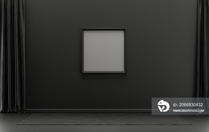 Single Frame Gallery Wall in black and dark gray color monochrome flat room without furniture and empty, 3d Rendering