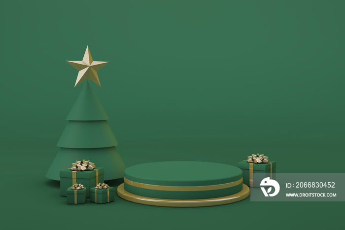 Green christmas podium with isolated background. 3d render