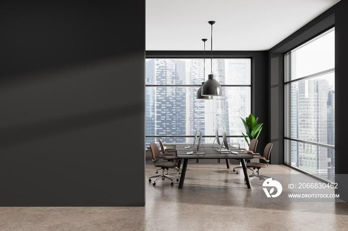 Gray open space office with mock up wall city background