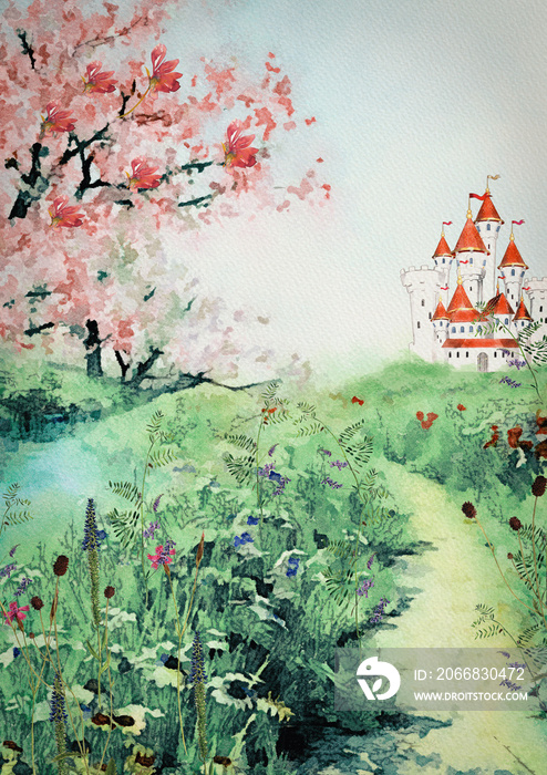 Fairytale castle and princess.Watercolor background for children