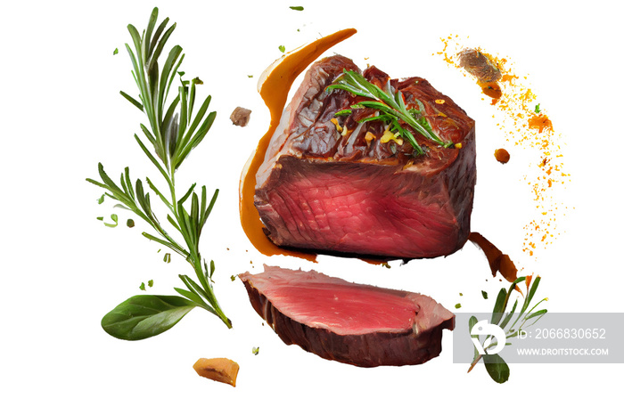 Raw beef steak with rosemary and spices transparent background