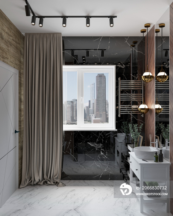 3d illustration. Dark modern bathroom with toilet and shower, black and white marble finishes, sandstone brickwork. Track lights, pendants, shower cabin, window with a curtain. 3d render.