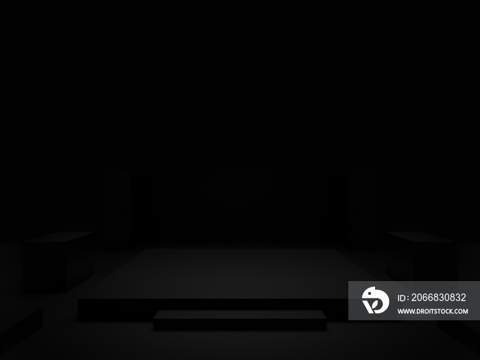 3D black geometric room mockup. Dark background.