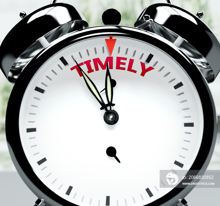 Timely soon, almost there, in short time - a clock symbolizes a reminder that Timely is near, will happen and finish quickly in a little while, 3d illustration