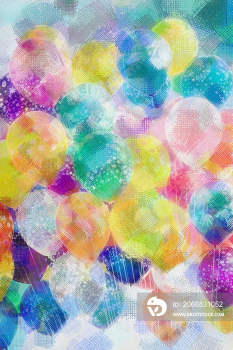 A mass of colorful balloons, with cross-hatching accents