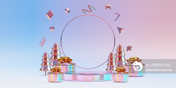 Holographic podium with gift display for product presentation. 3d illustration