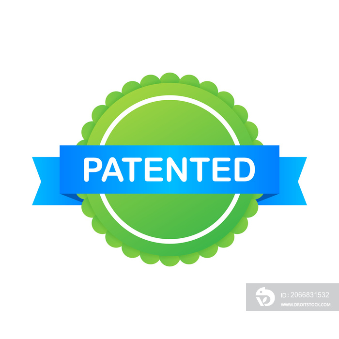 Green patented label on blue ribbon on white background.  stock illustration.