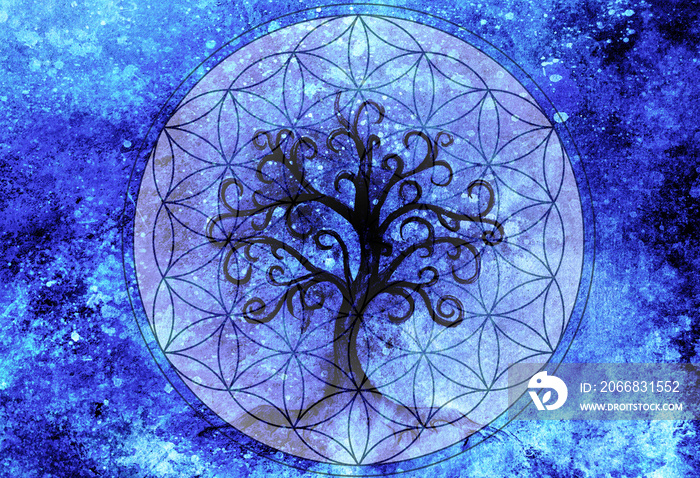 tree of life symbol on structured ornamental background, flower of life pattern, yggdrasil.