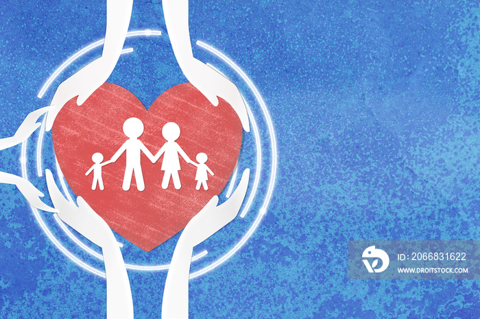 Health care family life concept. White paper hands together holding red hearts and paper family holding hands on blue background. illustration.