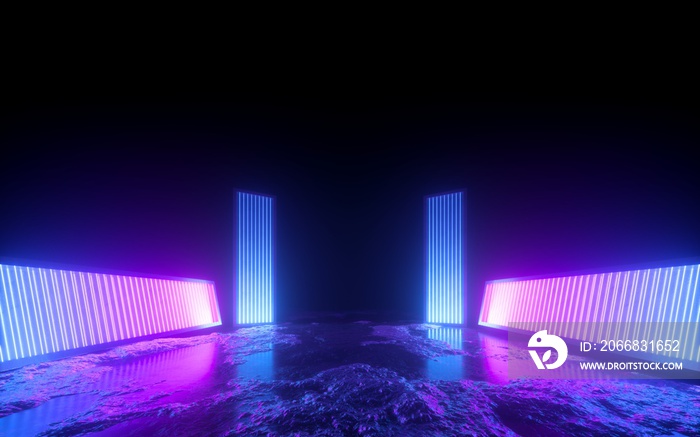 3d render, pink blue neon abstract background, glowing panels in ultraviolet light, futuristic power generating technology, terrain