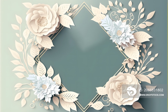 Blue-colored wedding invitation card background design template with a floral frame/border