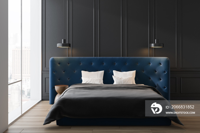 Gray master bedroom with blue bed