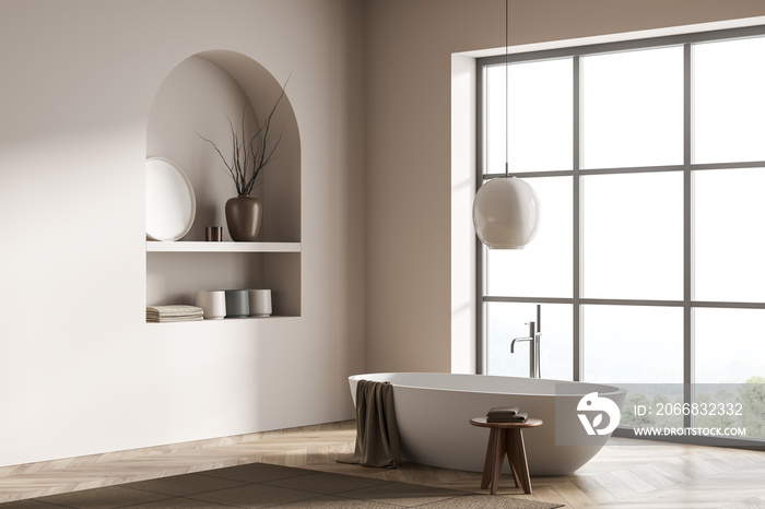 Modern bathroom interior with ceramic bathtub. White walls, hardwood flooring. Panoramic window. 3d rendering.