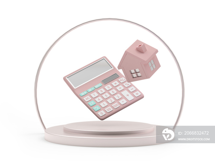 Pink house and calculator on a round stand isolated on white background. 3d illustration