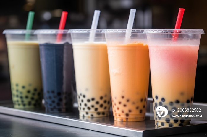 Various Bubble Teas with Tapioca Pearls on a Stall