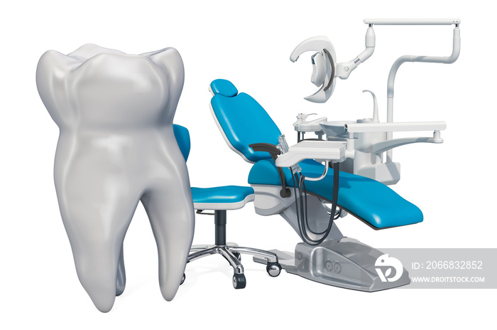 Dental Chair with Tooth. Dental service concept, 3D rendering