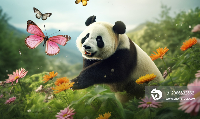 Cute panda chasing butterflies in the garden