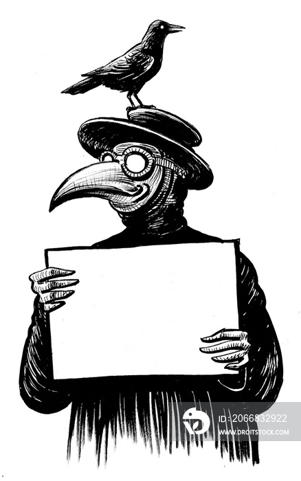 Plague doctor with crow holding blank sheet. Ink black and white drawing