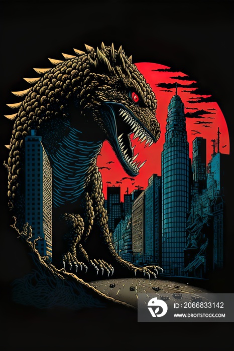 Retro style giant monster movie poster design with kaiju rampage in the city