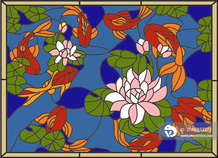 Stained glass window with fish on the background of flowers and leaves.Vector