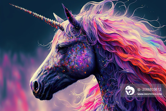 Beautiful Illustration of a purple Unicorn with pink hair