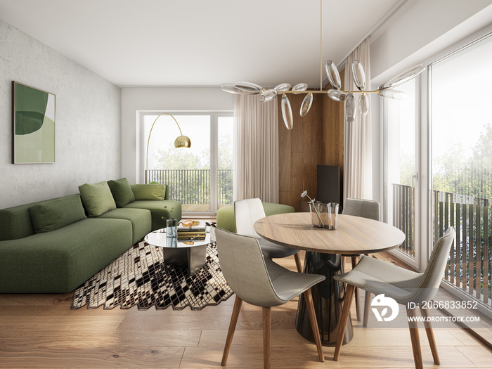 Interior of a small luxury green wooden apartment. Comfortable living room with open space, 3D rendering