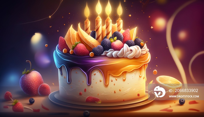 Birthday cake with lots of toppings and icing on the top. Special birthday cake illustration with colorful candles and fruits. Delicious cake with a cream cup and bokeh effects