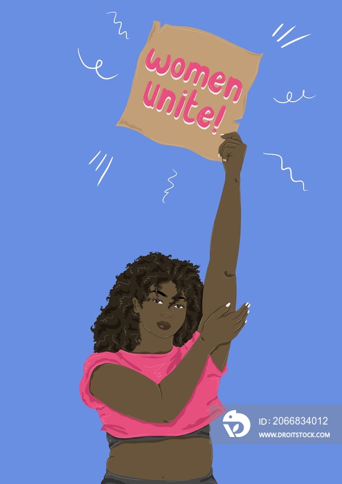 Woman holding up protest sign quoting ’Women Unite!’ slogan