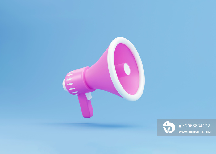 realistic 3d megaphone, loudspeaker minimal concept. Megaphone on blue background. 3d render illustration