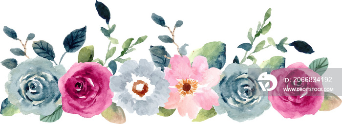 pink blue floral bouquet watercolor border