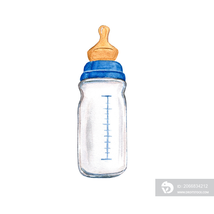 Blue baby bottle for boy. Art watercolor illustration isolated on white background. For printing postcards, invitations, newborn products