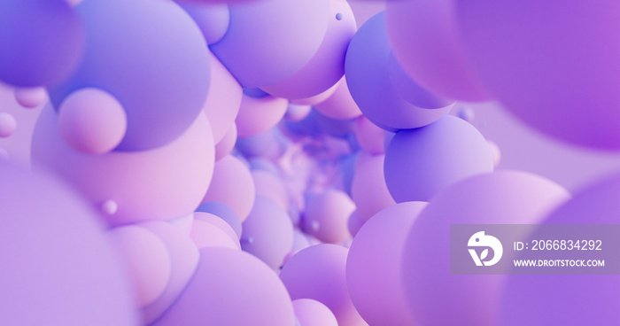 Electric Lavender Spheres. Bright contemporary abstract 3D background with purple and violet flying balls. Space futuristic background for covers, presentations and advertisements