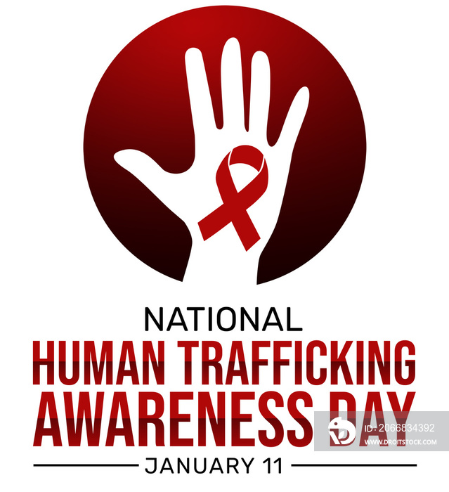 National Human Trafficking awareness day background in red alarming color with hand and ribbon. Awareness on human trafficking concept design