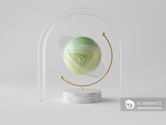 3d abstract composition, onyx globe on white background, glass arch, planet concept, green stone polished ball, marble texture, clean minimalist design, sophisticated decor, modern object