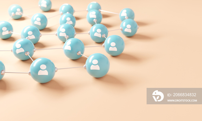 Connecting people and communication concept, social network. People icon connected together on blue background. Teamwork, 3d render. Copy space.