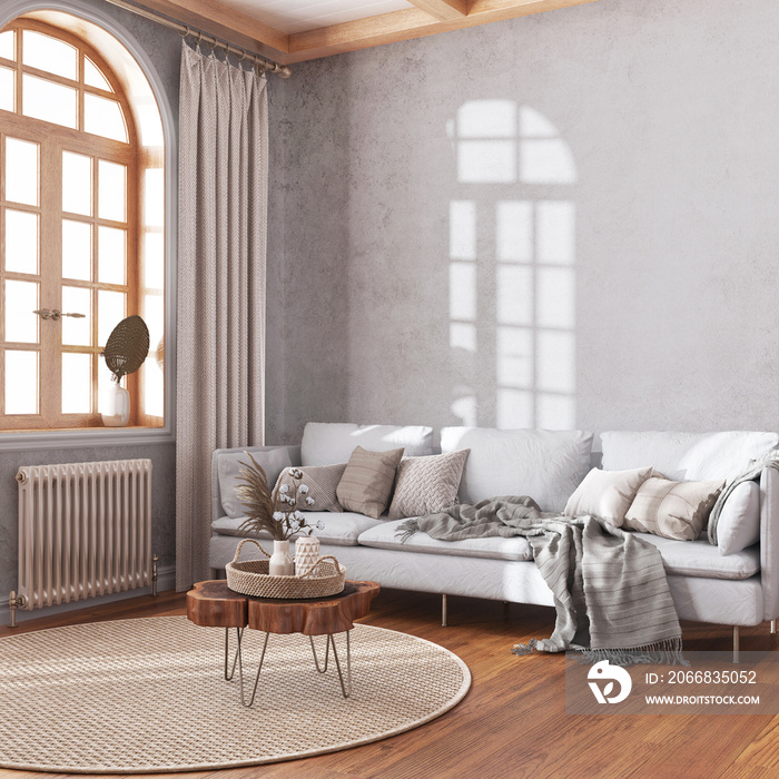 Wooden retro living room in white and beige tones. Fabric sofa, parquet, decors and wall mockup. Farmhouse interior design