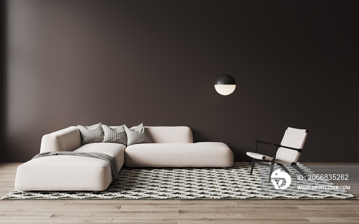 3d rendering of modern living room with white sofa. Woven carpet on wooden floor.  Black walls. Hanging round lamp. Wicker chair in Bali style. Cozy living room or office