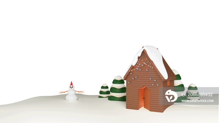 3D Render Of Decorative House From Lighting Garland With Baubles, Snowman, Xmas Tree On Snow Background And Copy Space.