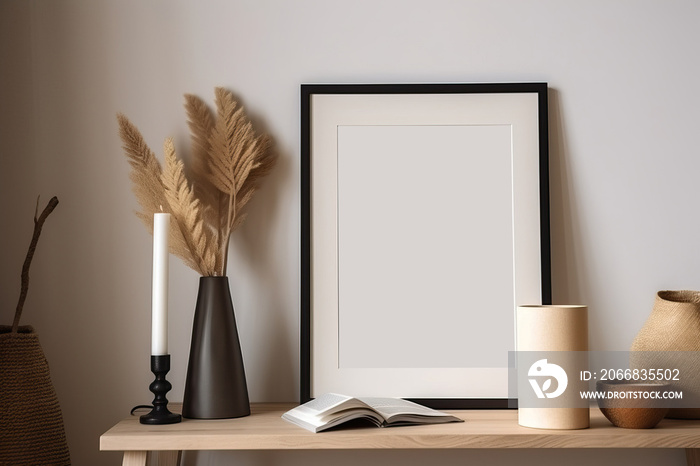 Black wooden frame mockup in warm neutral minimalist Rustic interior with candle, dried plants, leaves and decor items on empty white wall background.