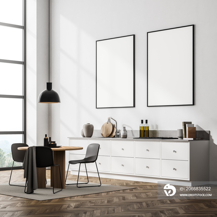 Light dining room interior with sink and furniture near window, mockup poster