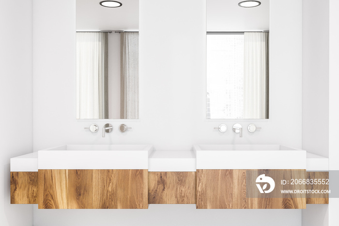 Close up of wooden bathroom sinks