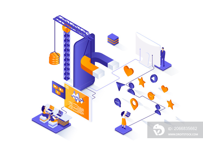 SMM isometric web banner. Digital marketing, advertising campaign isometry concept. Announcement and promotion 3d scene, attraction of new clients design. Illustration with people characters.