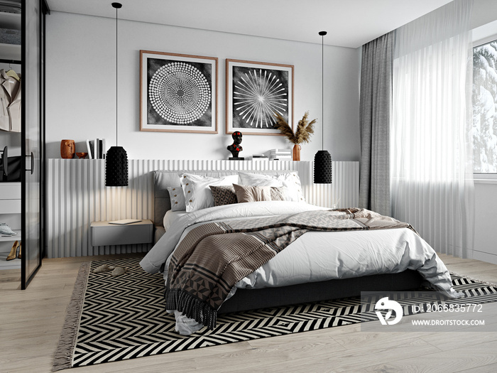 3d rendering. Modern bedroom interior in African style.