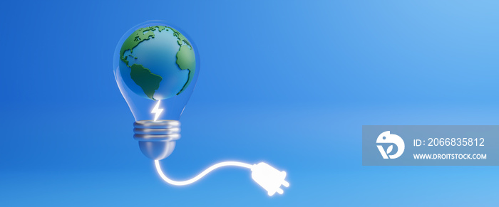 Light bulb with Earth planet inside light bulb with power plug. Energy resources icon. Sustainable development,ecology and environment protect, Earth day. Save the planet and energy concept, 3d render