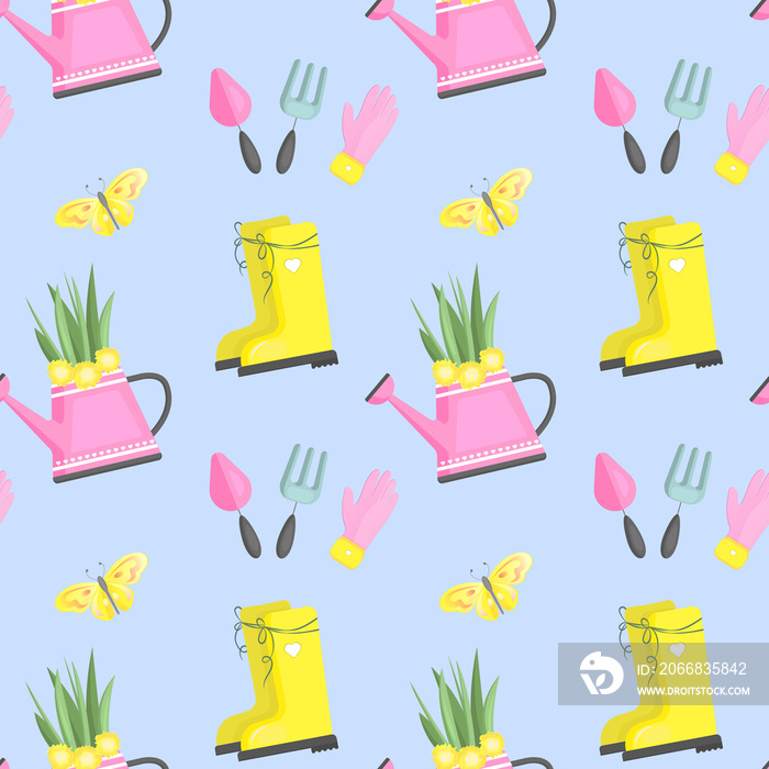 Gardening tools and flowers seamless pattern. Vector background with rubber boots, waterring, flowers and butterfly.