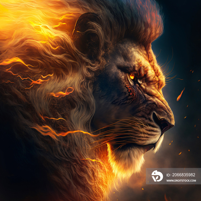 Strong, brave lion with flames in his mane.