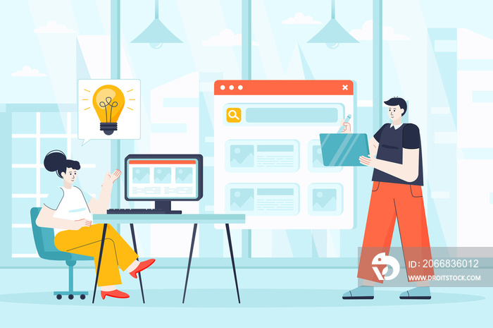 Designers concept in flat design. Employees working at office scene. Man and woman creating new product, development interface or program. Illustration of people characters for landing page